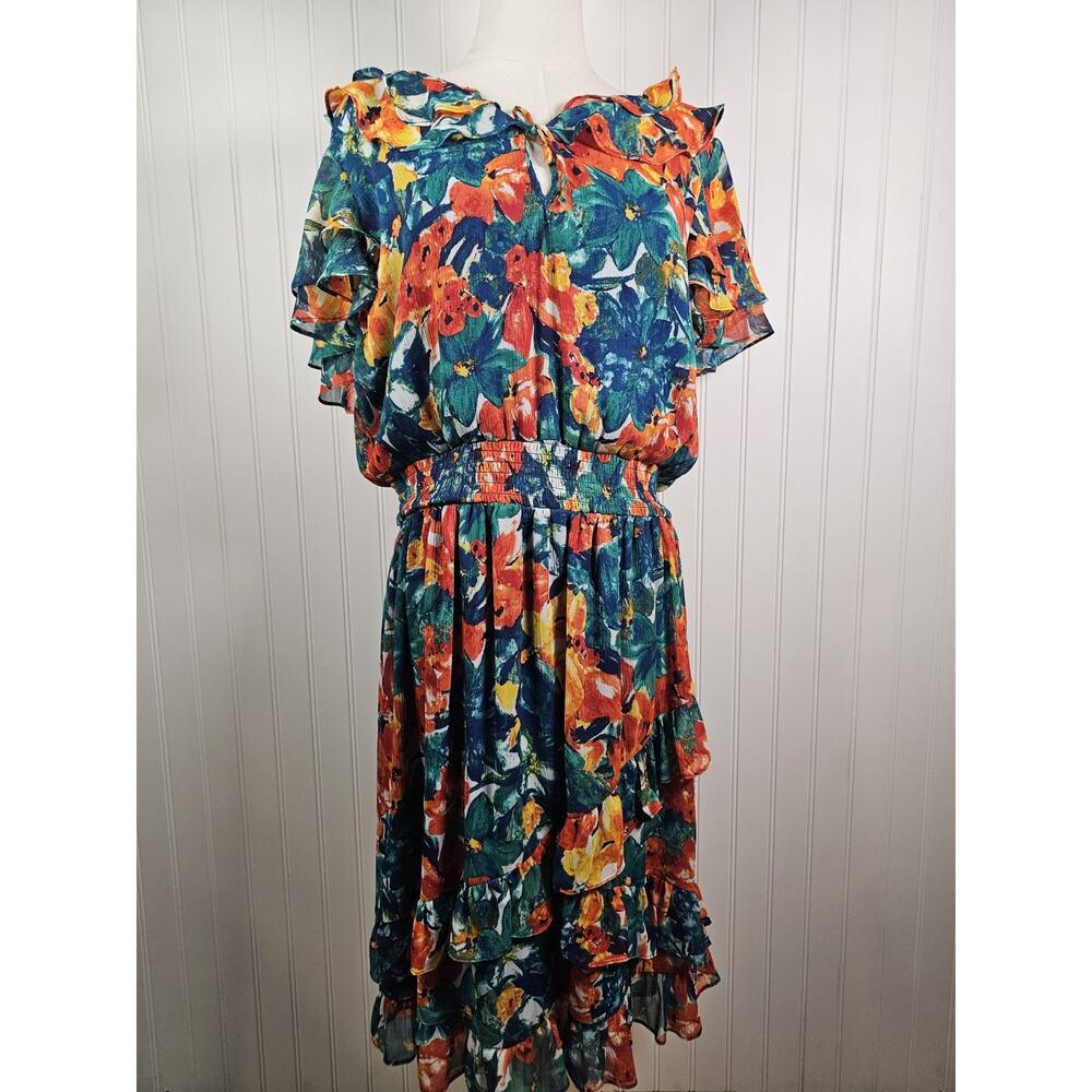 Duro Olowu Floral Chiffon Ruffle Dress Women's L Midi Rouched Waist Gorgeous - Picture 2 of 7